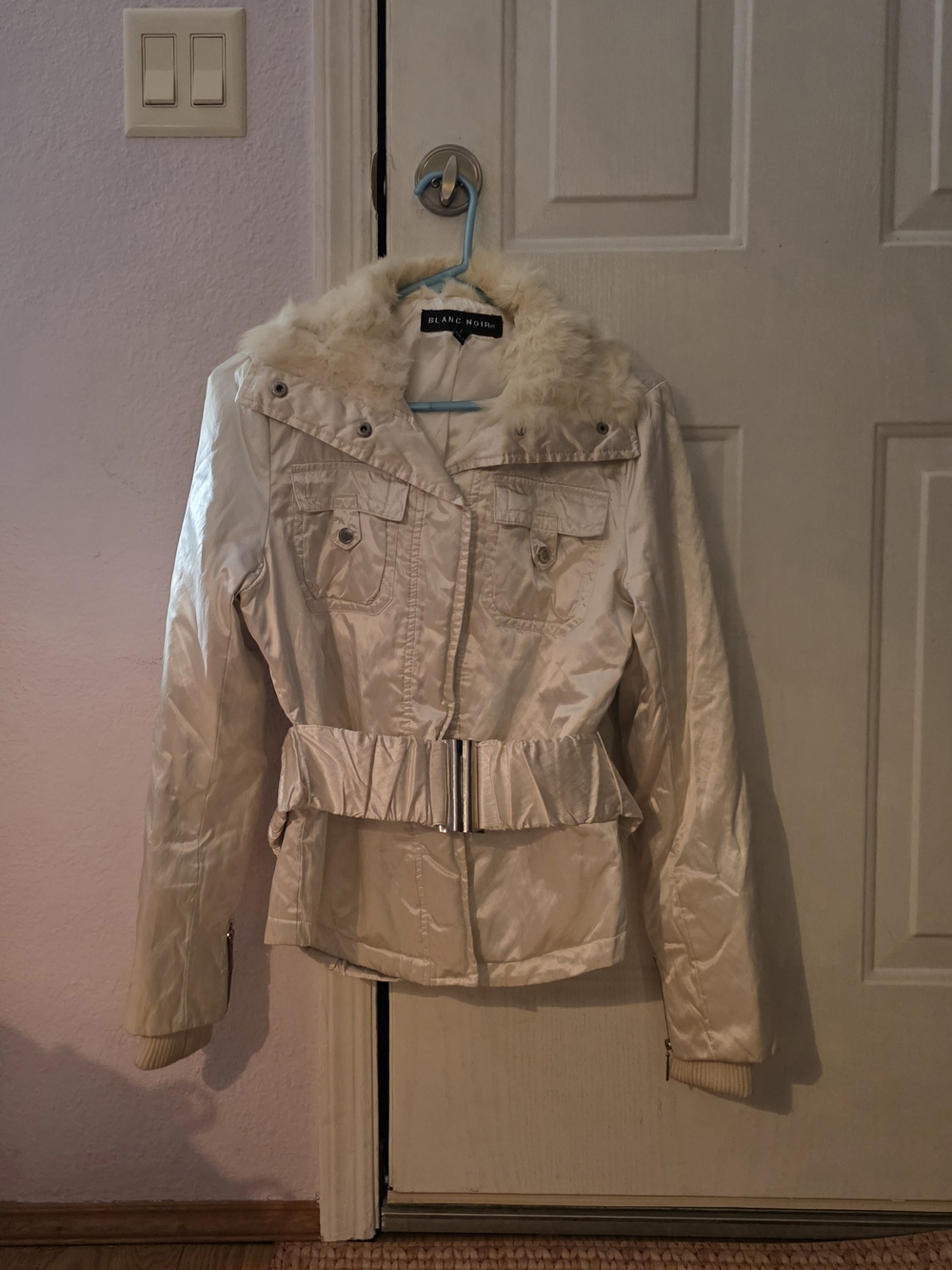 Blanc Noir Womens Large Cream Faux-Fur Collar Belted Puffer Coat